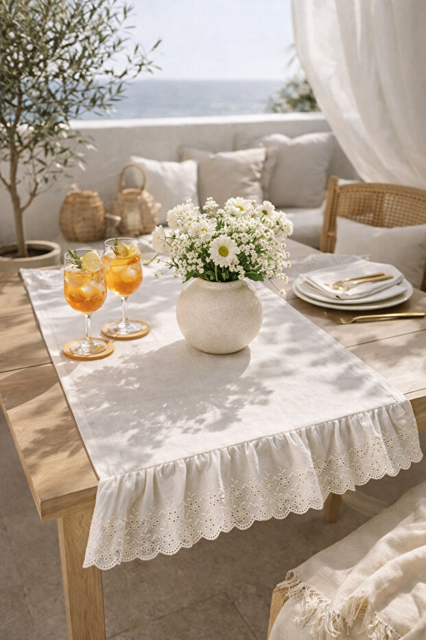 100% Cotton Raw Linen Vintage Frilled Ruffled Runner