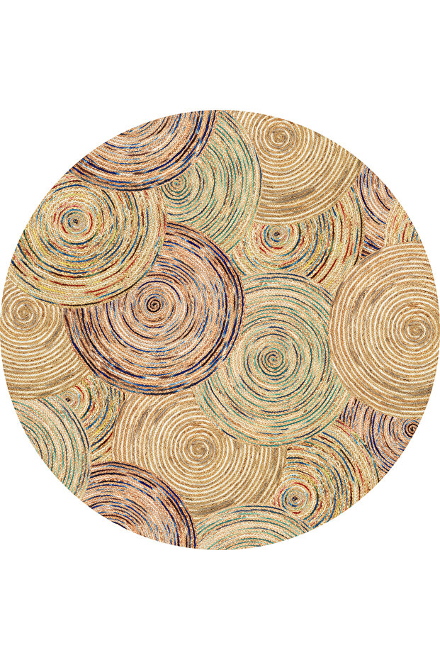 Boho 926 Jut Ethnic Colorful Patterned Knitted Round Natural Double Sided Carpet