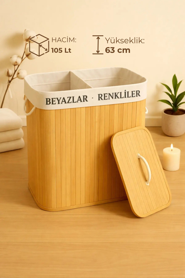 Nordhaus Bambu 2 Bölmeli Çamaşır Sepeti Kapaklı – Lights & Darks Ayrımlı Kirli Sepeti - 52x32x63 cm / 105 L
