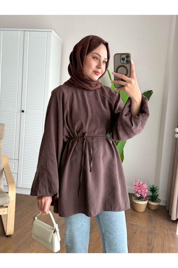 Bubble Sleeve Tie-Waist Modest Shirt