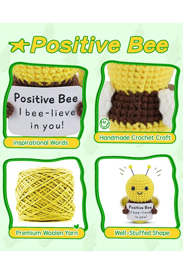 Handmade Crochet Bee Doll with Emotional Support Card, Knitted Wool Plush Toy, Room Decor