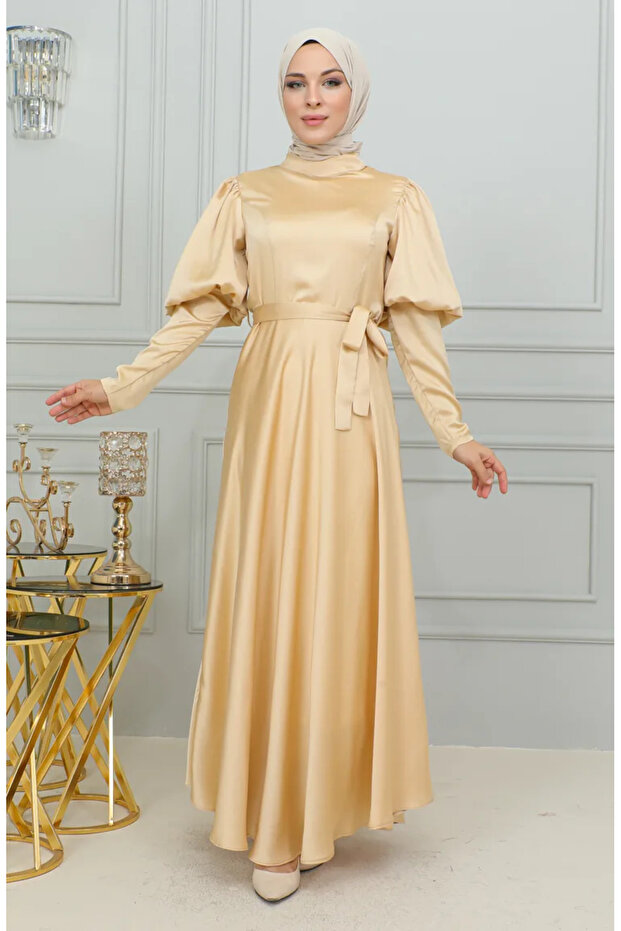 Sleeve detailed cupped evening dress 6084-03 gold