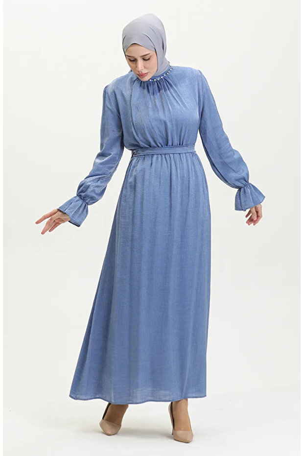 Glittery Linen Belted Dress 81853-08 Indigo
