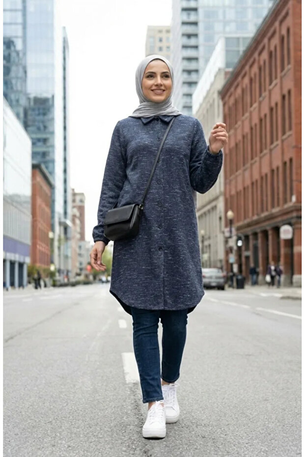 Shirt Collar Buttoned Winter Tunic 2501A-02 Indigo