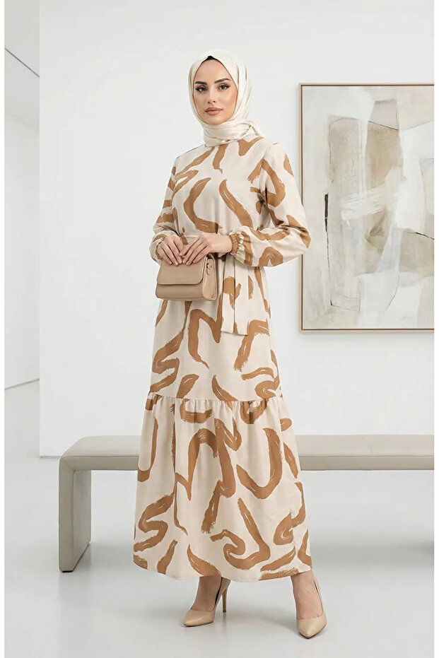 Patterned Belted Linen Dress 0471A-08 Beige Taba