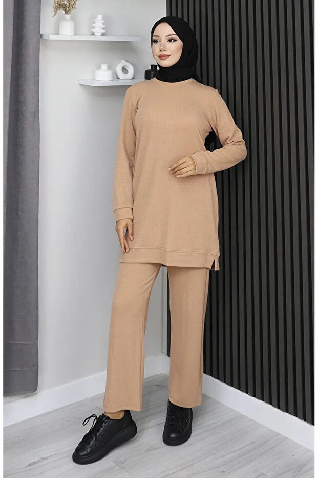 Ribbed Knit Fabric Tunic Trousers Double Suit 20025-01 Milky Coffee
