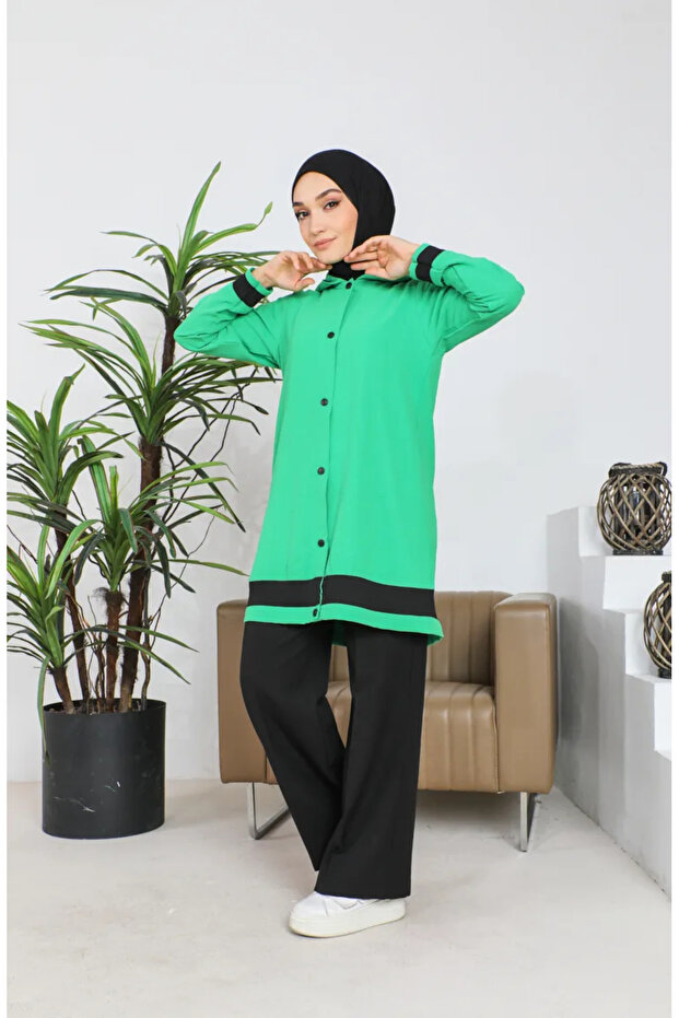 Aerobin Fabric Hooded Tunic Blouse Double Set 9115-02 Green
