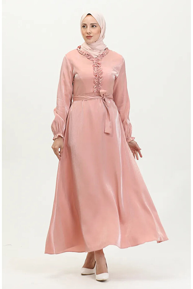 Glittery Linen Belted Dress 81863-03 Salmon