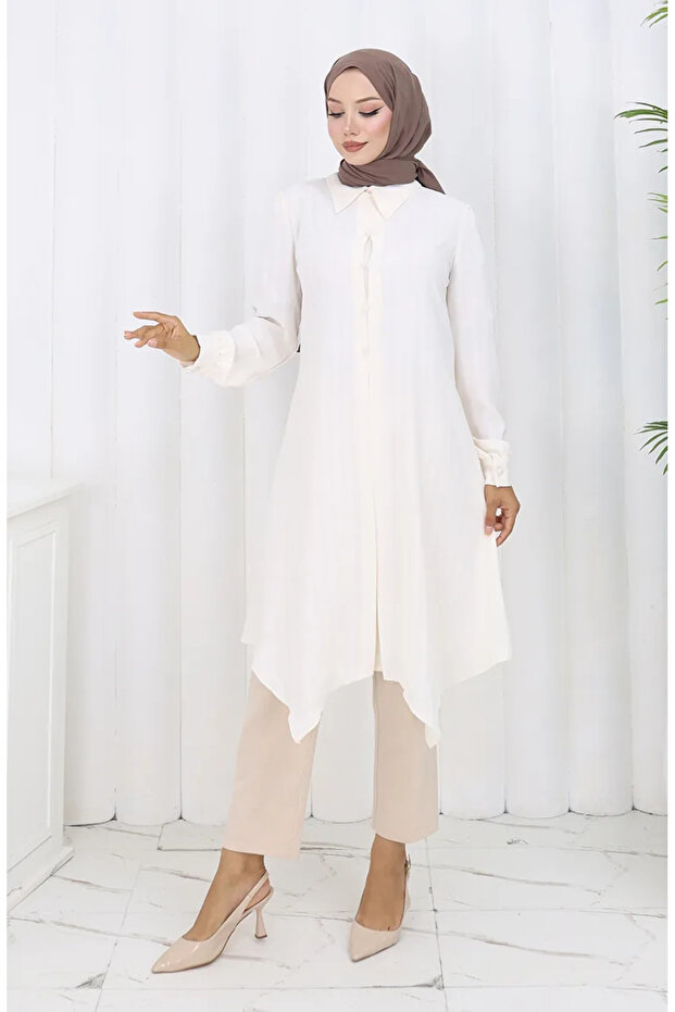 Printed Buttoned Tunic 1102-07 Ecru - 3