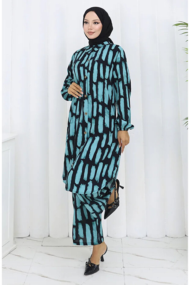 Viscose Fabric Tunic Trousers Double Set 0131-04 Turquoise