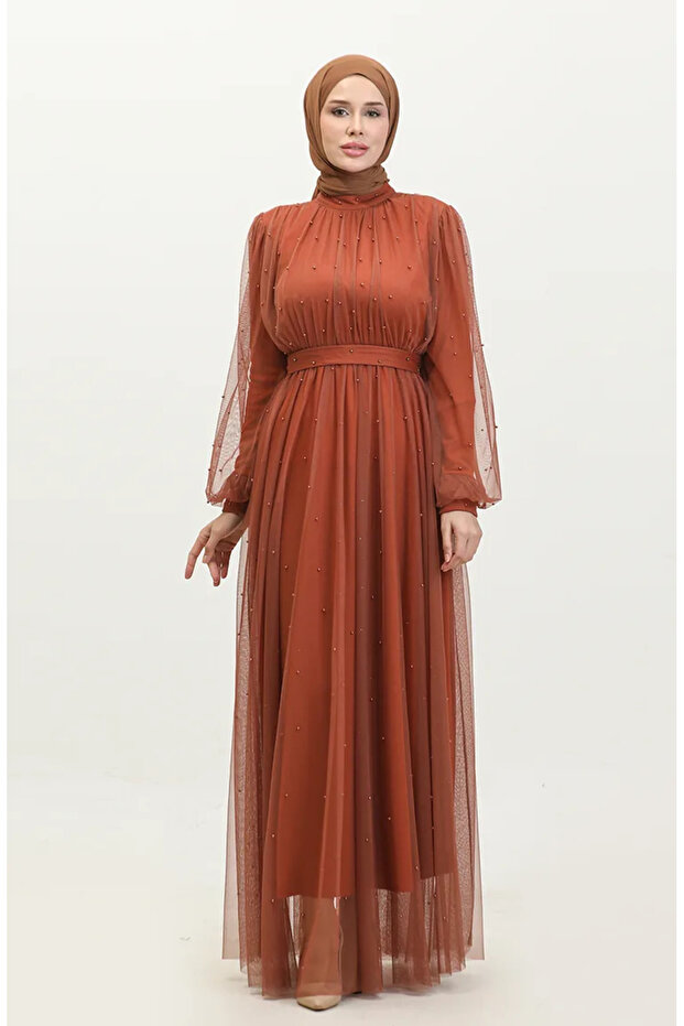 Pearl Embellished Tulle Evening Dress 6233-06 Terracotta Color