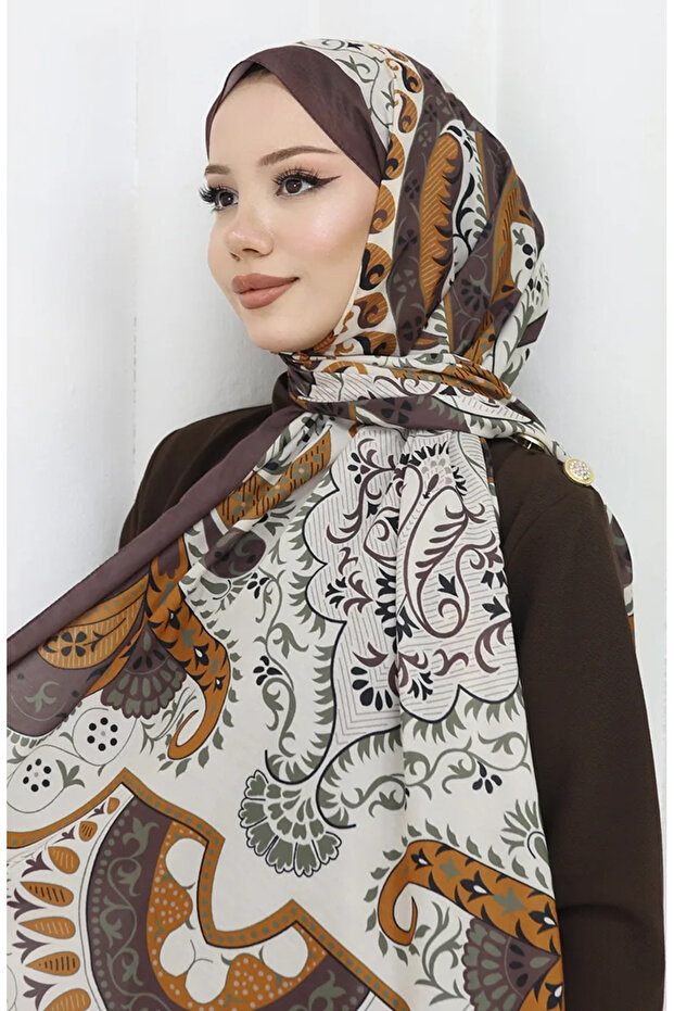 شال ناعم منقوش 70314-05 بني مرير كاكي