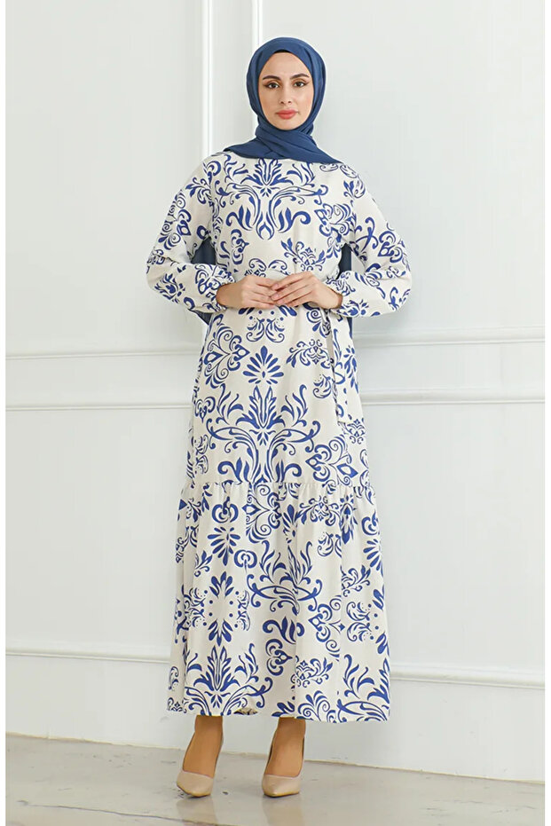 Patterned belted linen dress 0471b-05 beige Cobalt