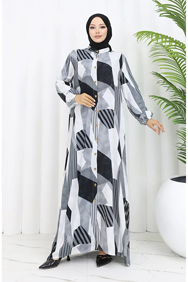 Viscose Fabric Buttoned Dress 0051-04 Gray Black