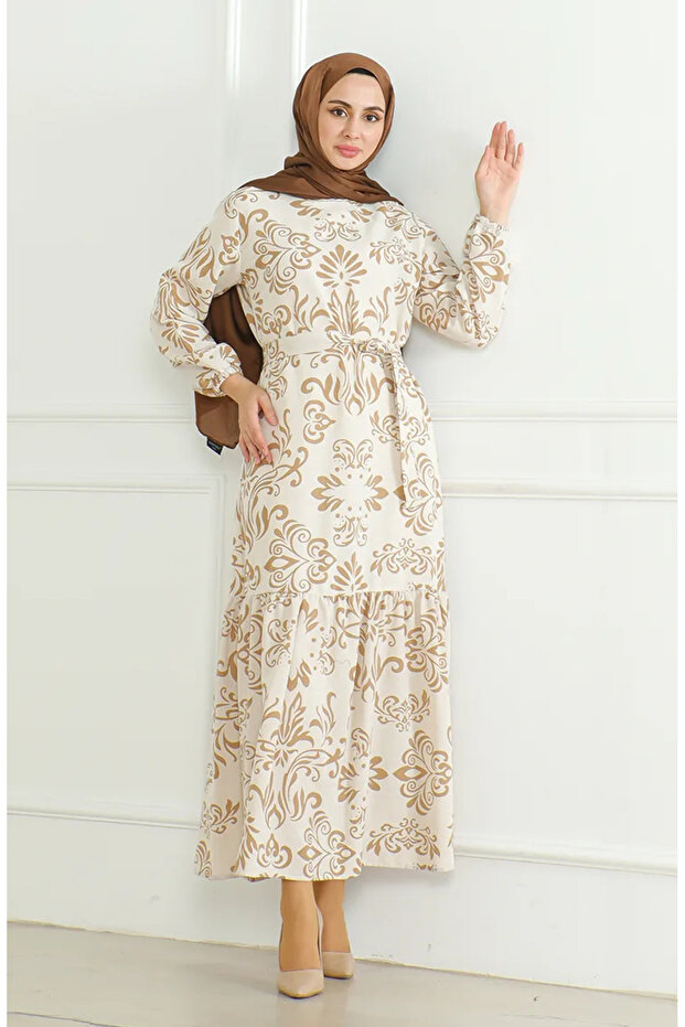 Patterned belted linen dress 0471b-04 beige milky coffee