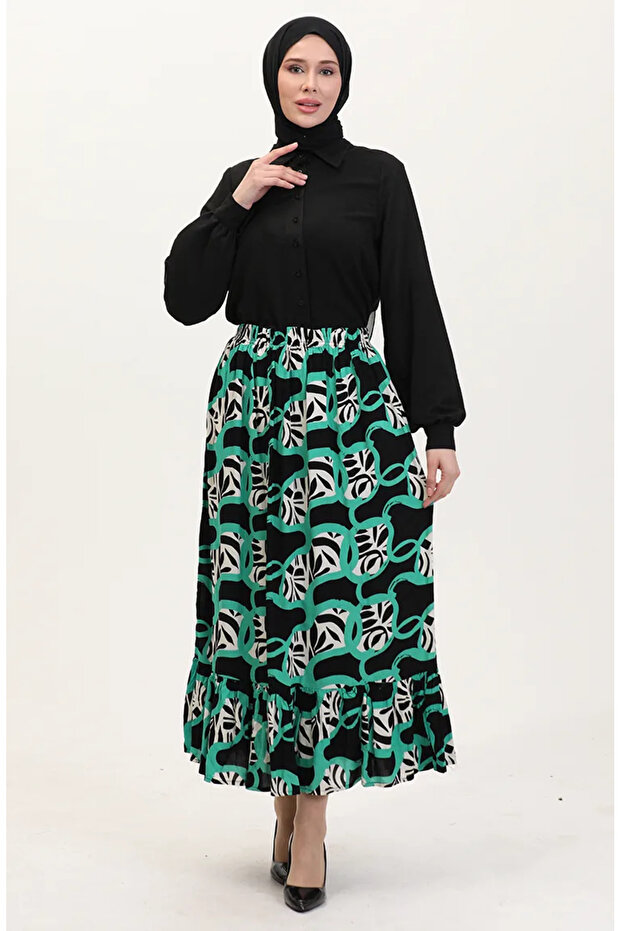Black Green Viscose Fabric Waist - Elastic Ruffle Skirt 2012P-02