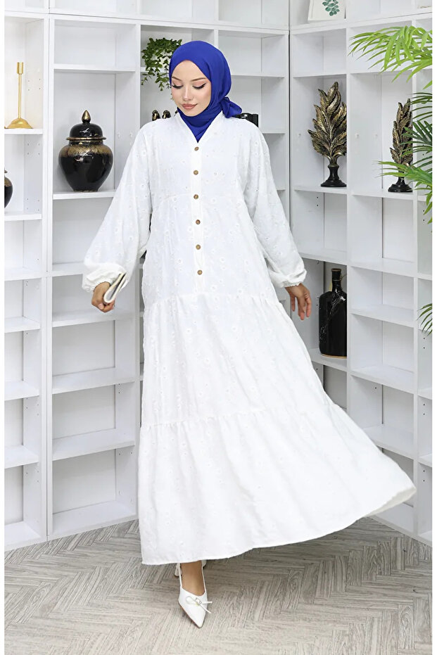 Embroidered Half Button Dress 0059-05 Ecru