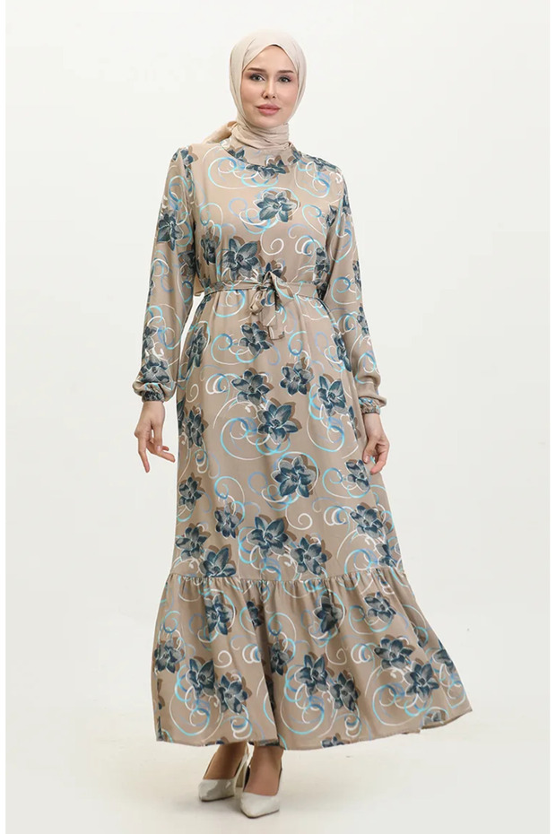 Floral Belted Dress 0373-01 Taupe color