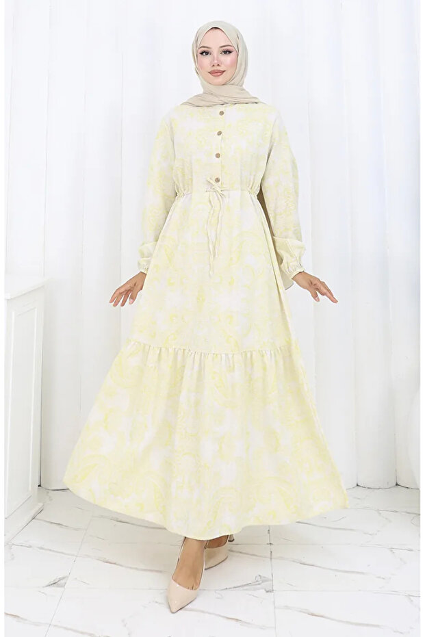 Linen Fabric Waist Tie Buttoned Dress 0173D-01 Beige Mustard