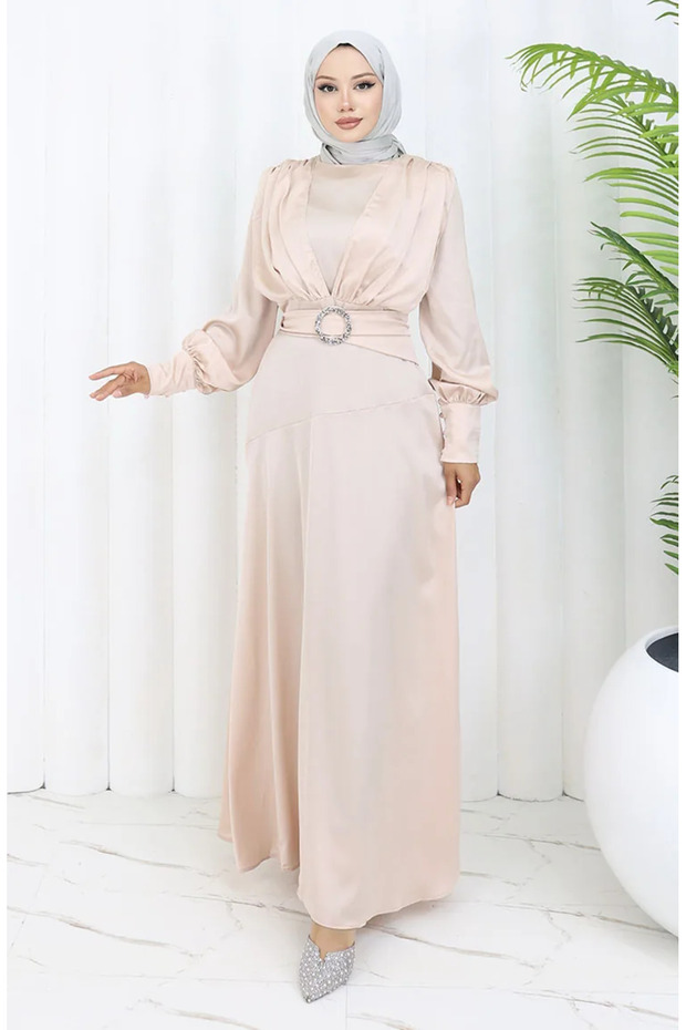 Layered Satin Evening Dress 6001-07 Stone