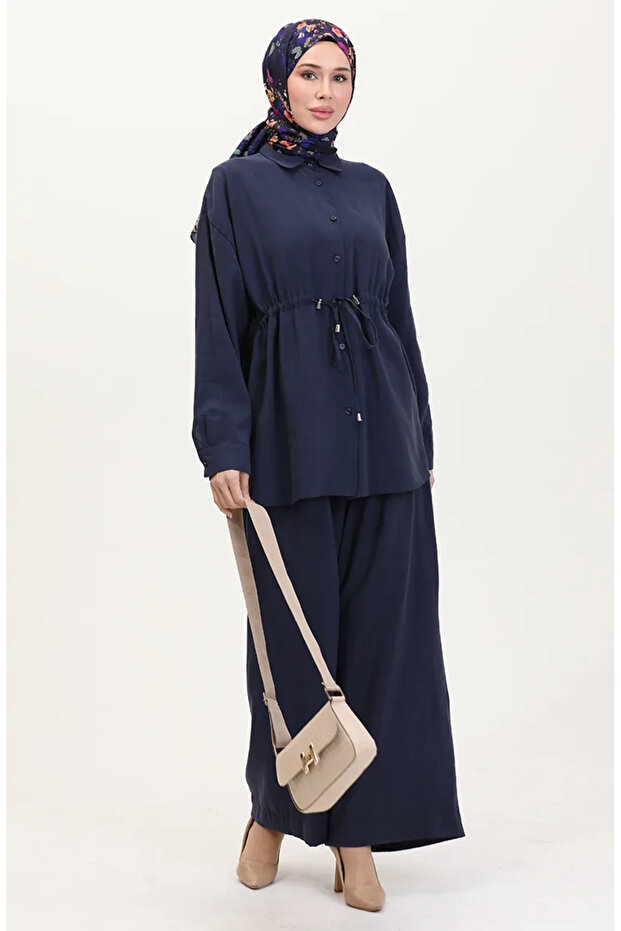 Navy Blue Modal Fabric Tunic and Pantalon Set 4064-04