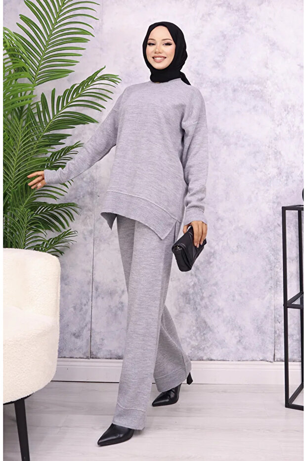 Gray Striped Stripe Knitwear Set - 3085-01