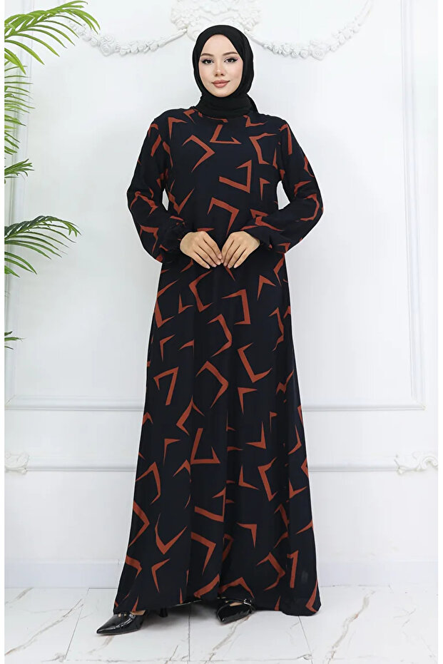 Viscose Fabric Elastic Sleeve Dress 0032-02 Black Tile