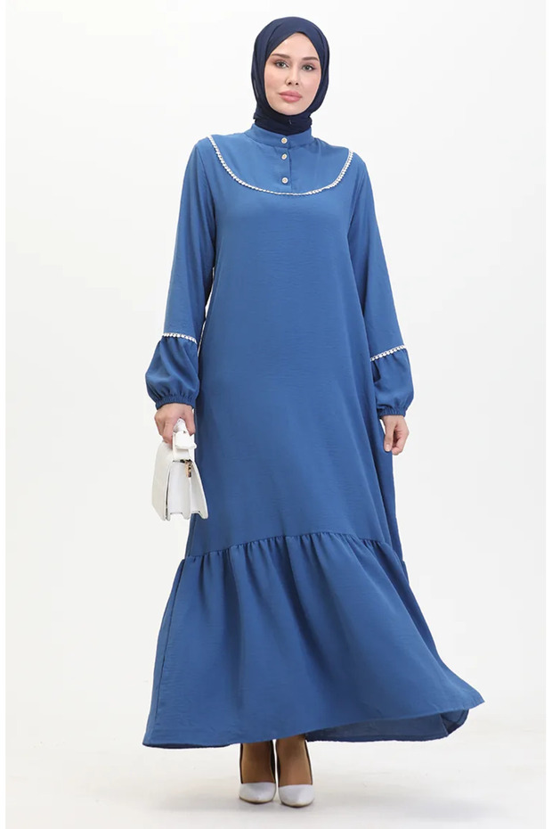 Elastic sleeve embroidered dress 0470-02 indigo