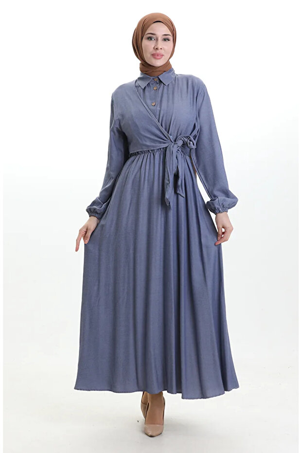 Double-Breasted Collar Buttoned Belted Dress 0199-03 Navy