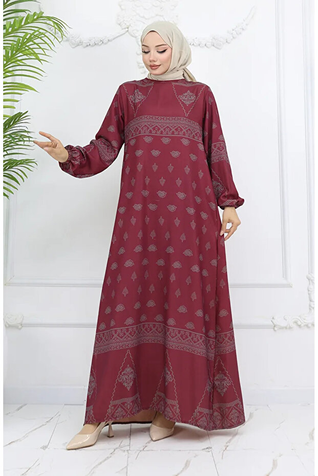 Tuğra Detailed Patterned Dress 0039-01 Dusty Rose