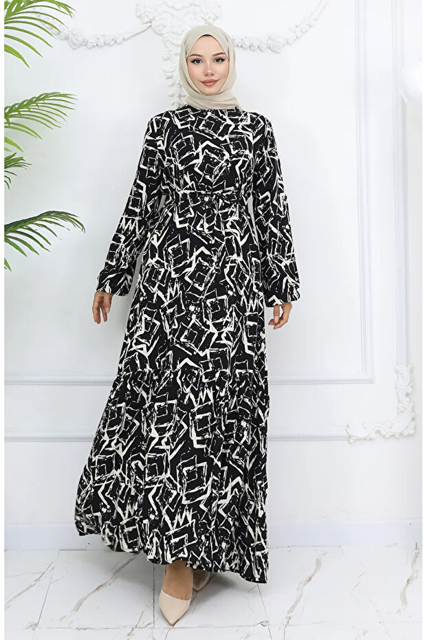 Viscose Fabric Sleeve Elastic Dress 2006-04 Black White