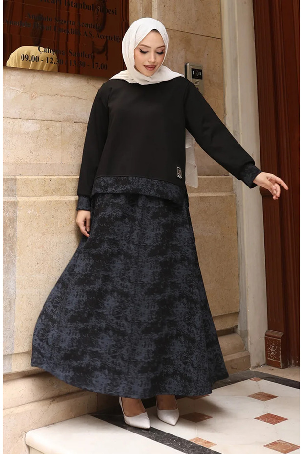 Oysho Fabric Patterned Skirt Hijab Set 0218-05 Black