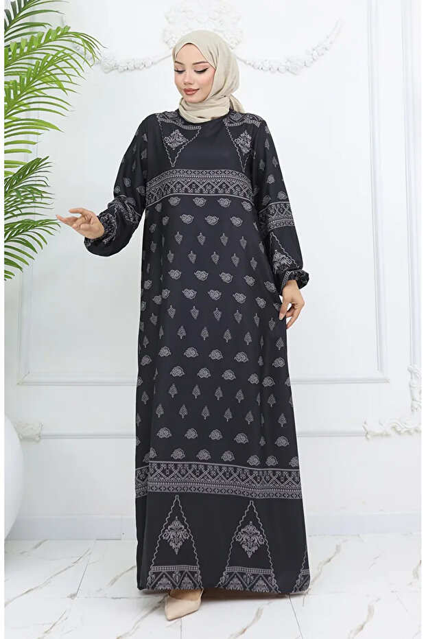 Tuğra Detailed Patterned Dress 0039-03 Anthracite