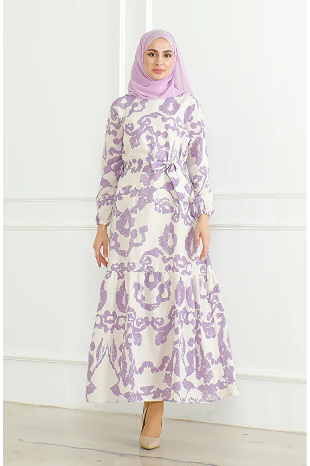 Patterned belted linen dress 0471d-03 beige lilac
