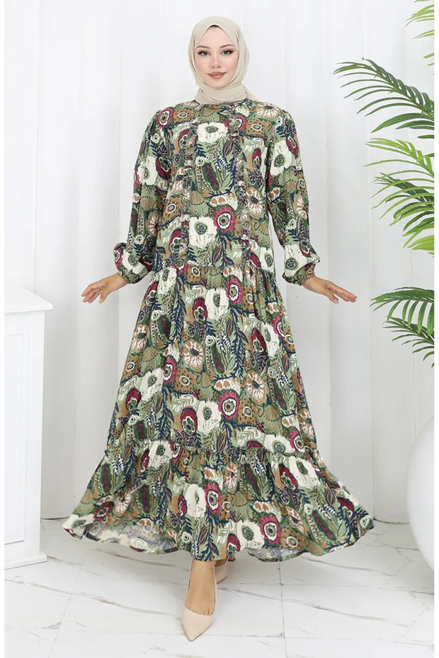 Viscose Fabric Gathered Dress 2094-05 Khaki