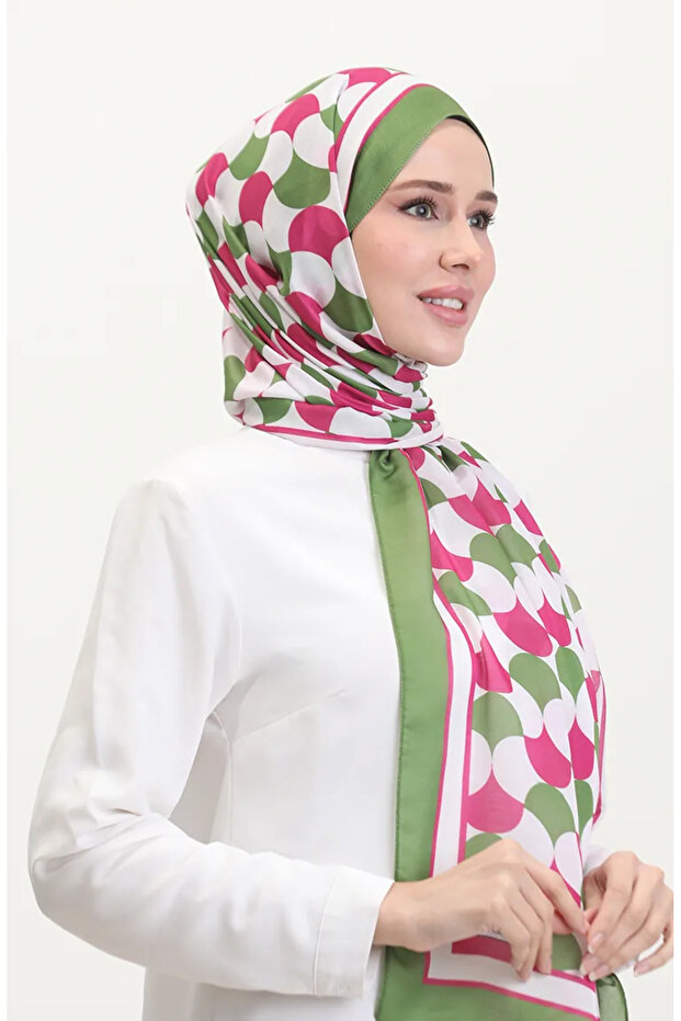 شال ناعم منقوش 70266-10 فوشيا أخضر فستقي