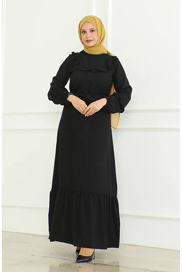 Aerobin Fabric Ruffled Belted Dress 0478-04 Black