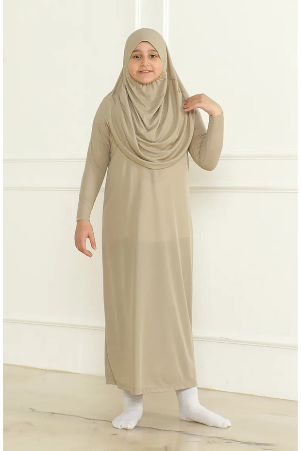 One piece practical child prayer dress with headscarf 1985-02 mink