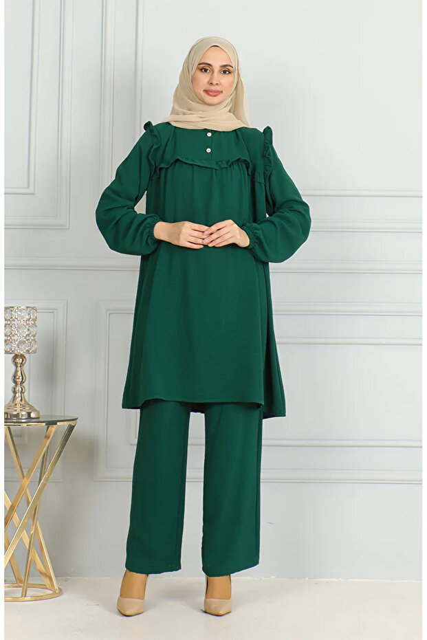 Aerobin Fabric Ruffle Tunic Trousers Double Set 1009-01 Emerald Green