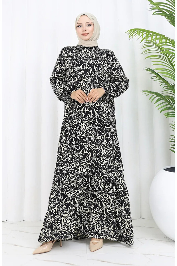 Viscose Fabric Elastic Patterned Dress 2036-03 Black