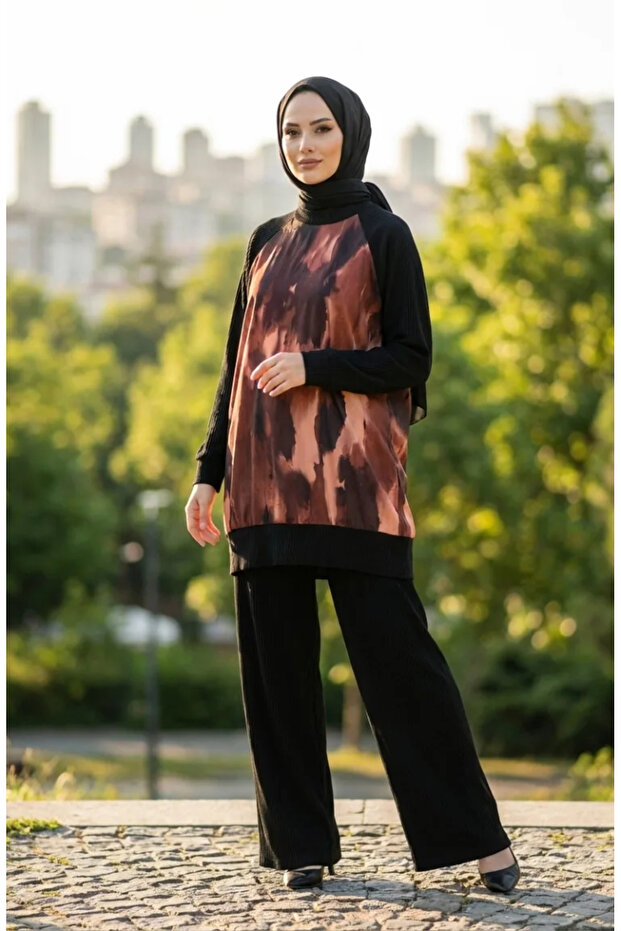Printed Pleated Tunic Trousers Double Suit 2215-04 Black Tile