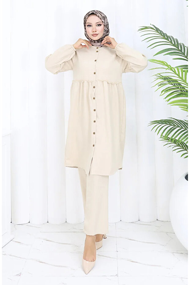 Gathered buttoned tunic pants double set 0115-05 beige