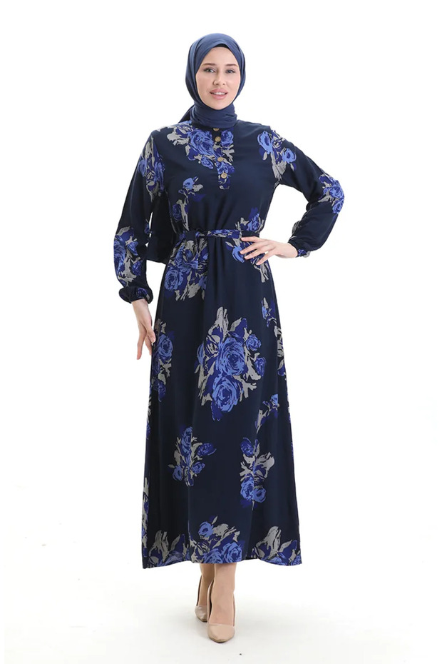 Buttoned Patterned Belted Dress 2076-01 Navy Cobalt Blue