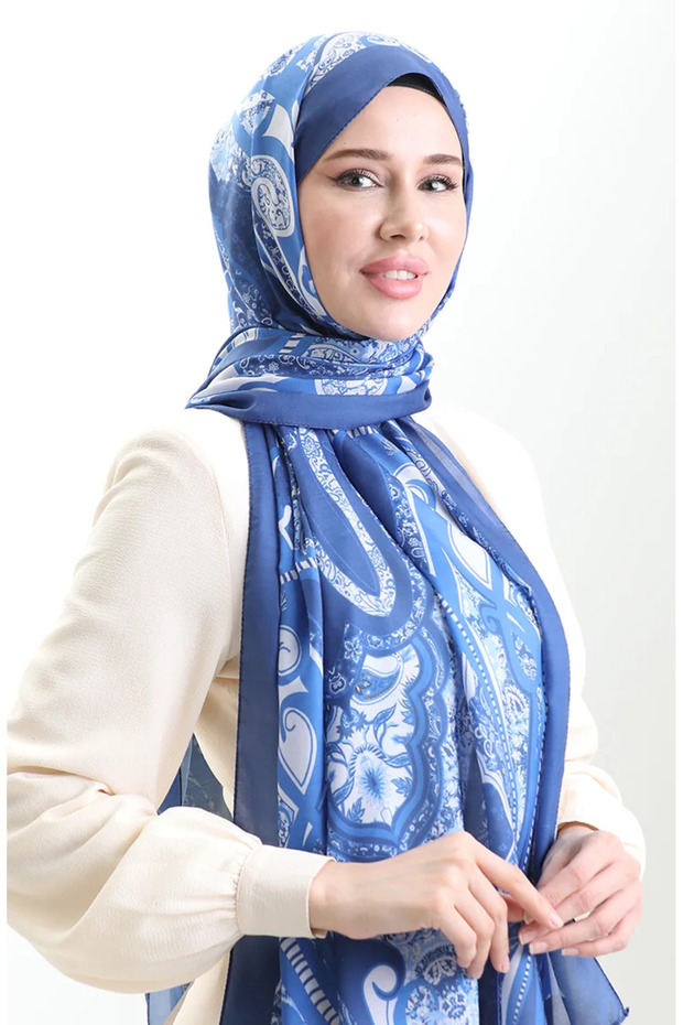 شال ناعم منقوش 70313-07 أزرق نيلي فاتح