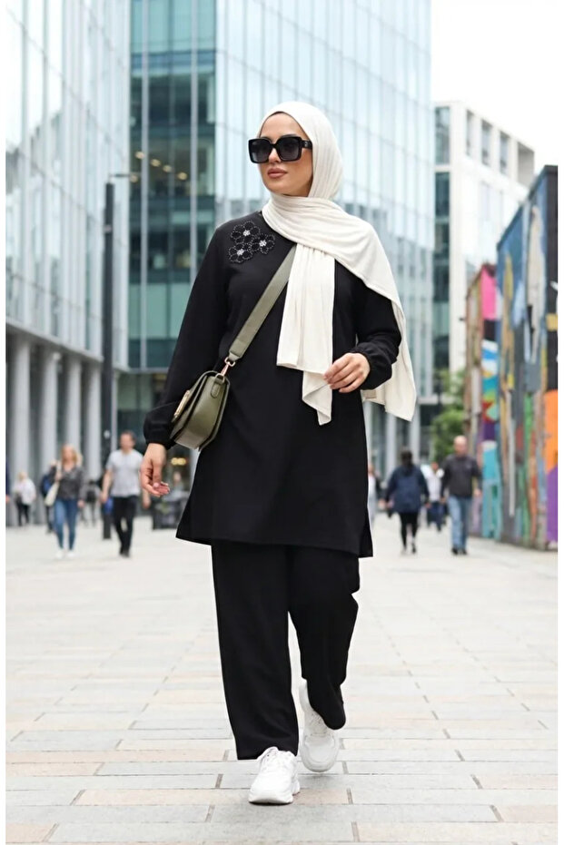 Stone Embroidered Tunic Trousers Double Suit 0230-01 Black