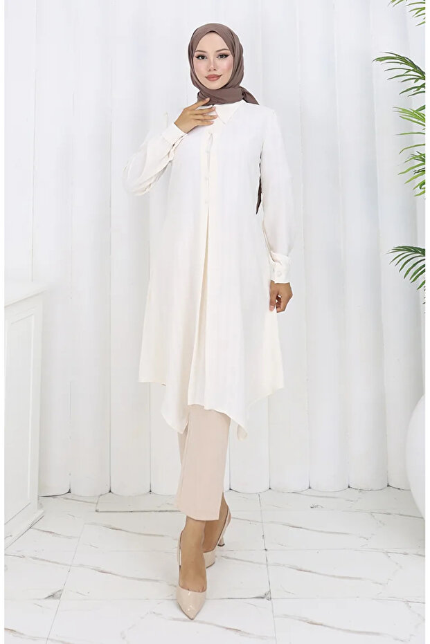 Printed Buttoned Tunic 1102-07 Ecru - 2