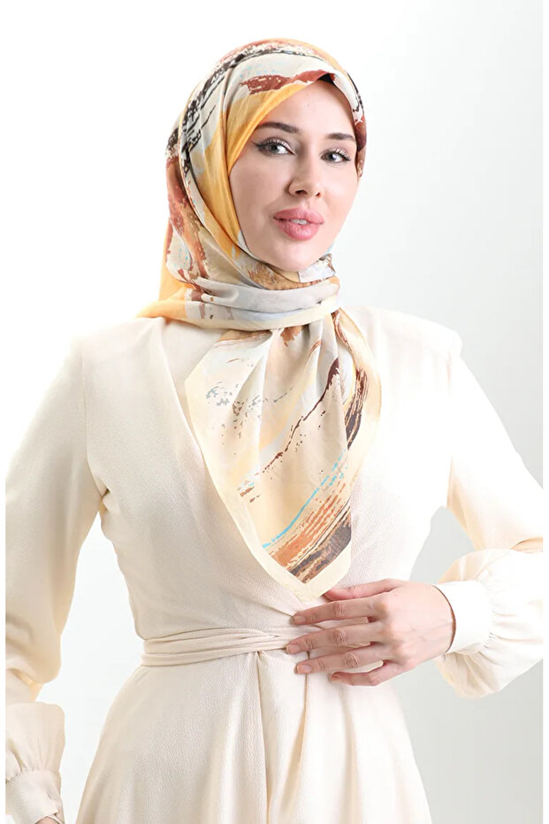 Karaca Patterned Natural Fiber Scarf 82019-02 Yellow Brown