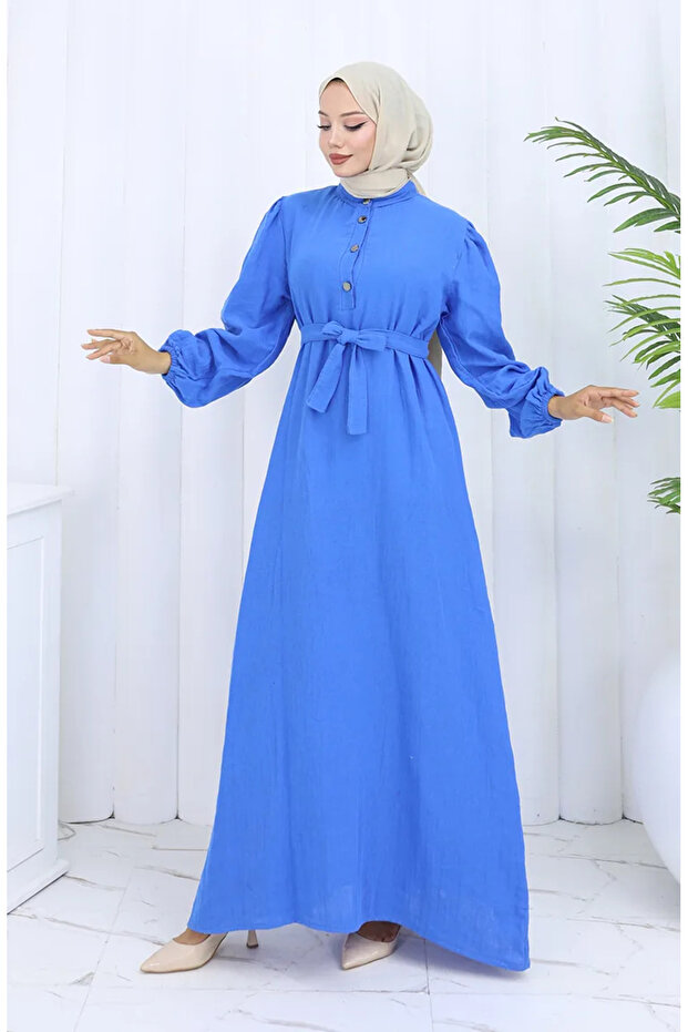 Muslin Fabric Sleeve Elastic Belted Dress 2112-05 Blue