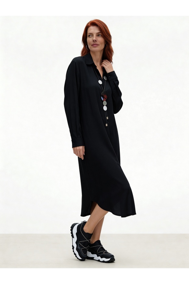 Viskon Gömlek Elbise Siyah - 4