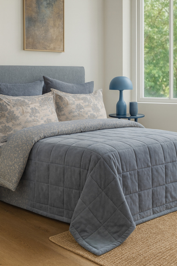 Wellsoft Quilted Bedspread Set Single Size Soria Blue